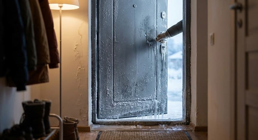 Промерзание обычной металлической двери изнутри зимой